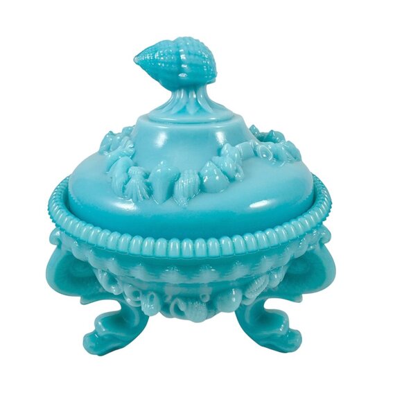 Westmoreland Blue Milk Glass Candy Dish Argonaut Shells Dolphins Vintage 1960s - Picture 1 of 10